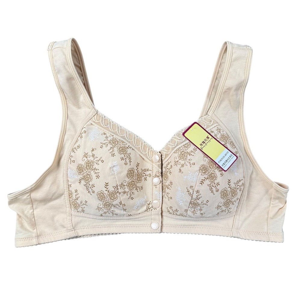 Youyafengqing‎ Beige Floral Front Button Wireless Bra Lace Trim Size 46/105 NEW
